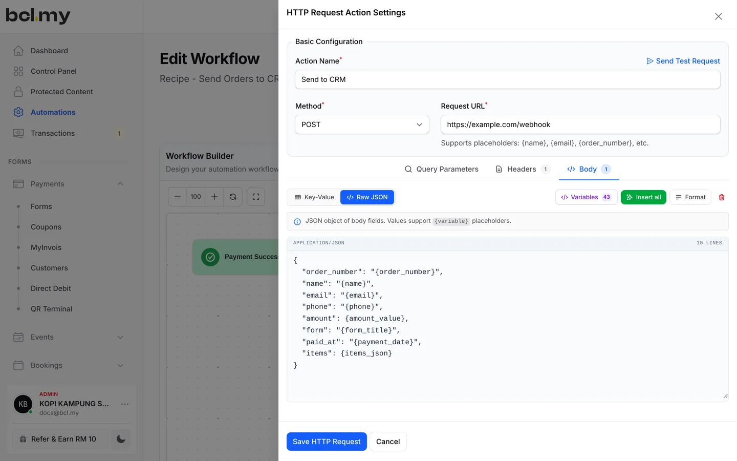 An automation step that posts each order to a CRM as JSON
