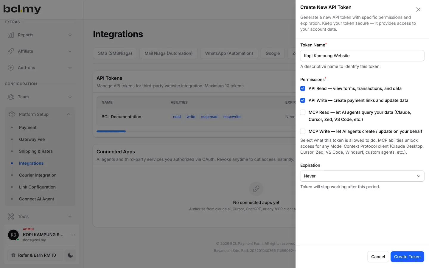 Create New API Token: name, permissions and expiry