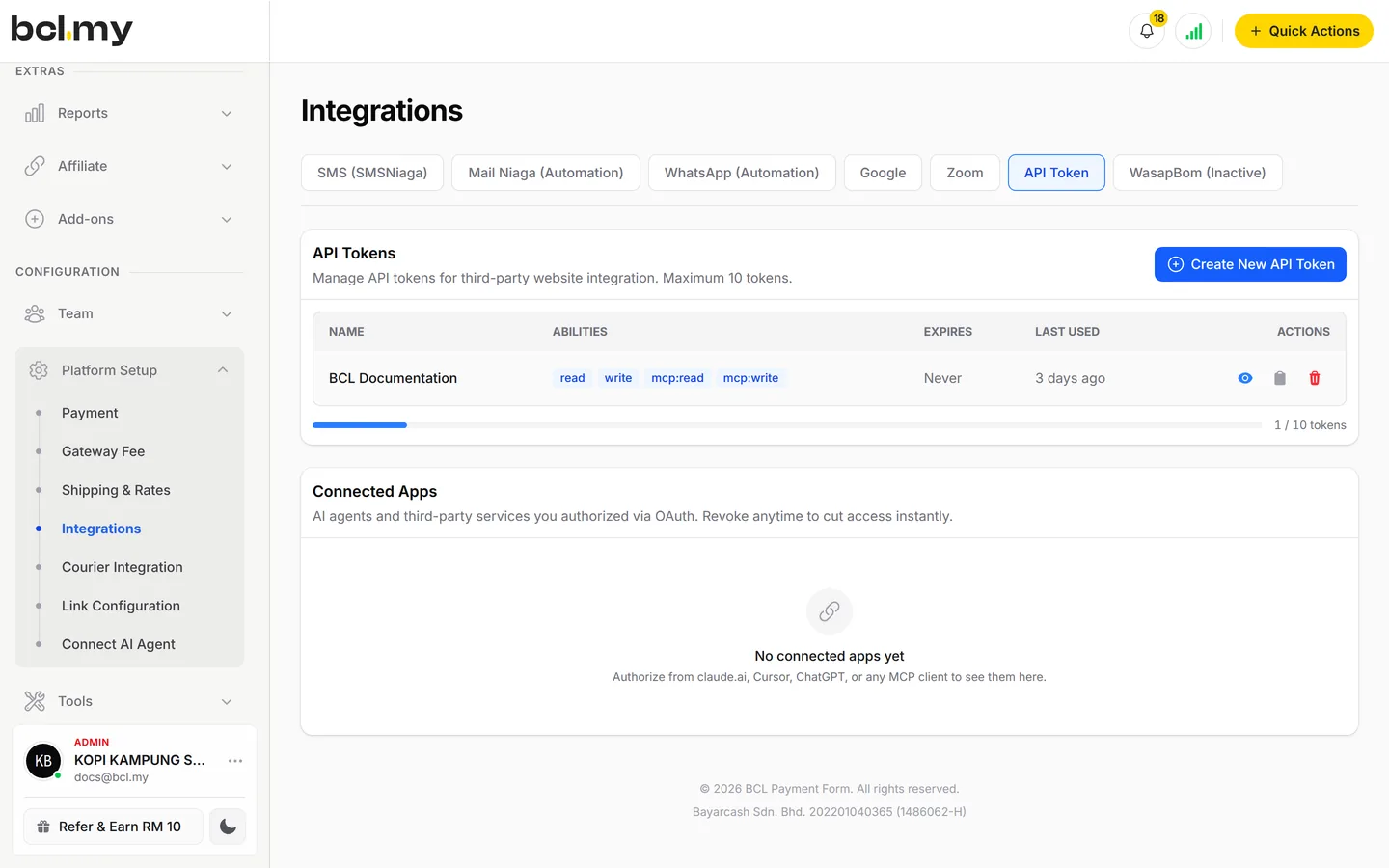 Integrations, API Token tab: your API tokens with their abilities, and Connected Apps