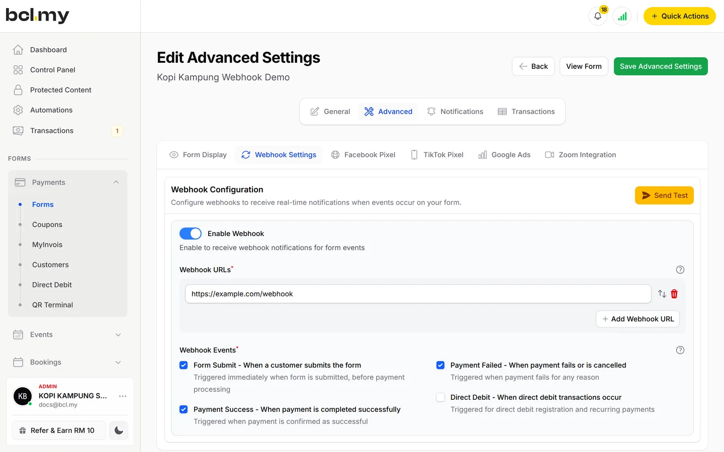Webhook Settings on a payment form: URL and the events to send