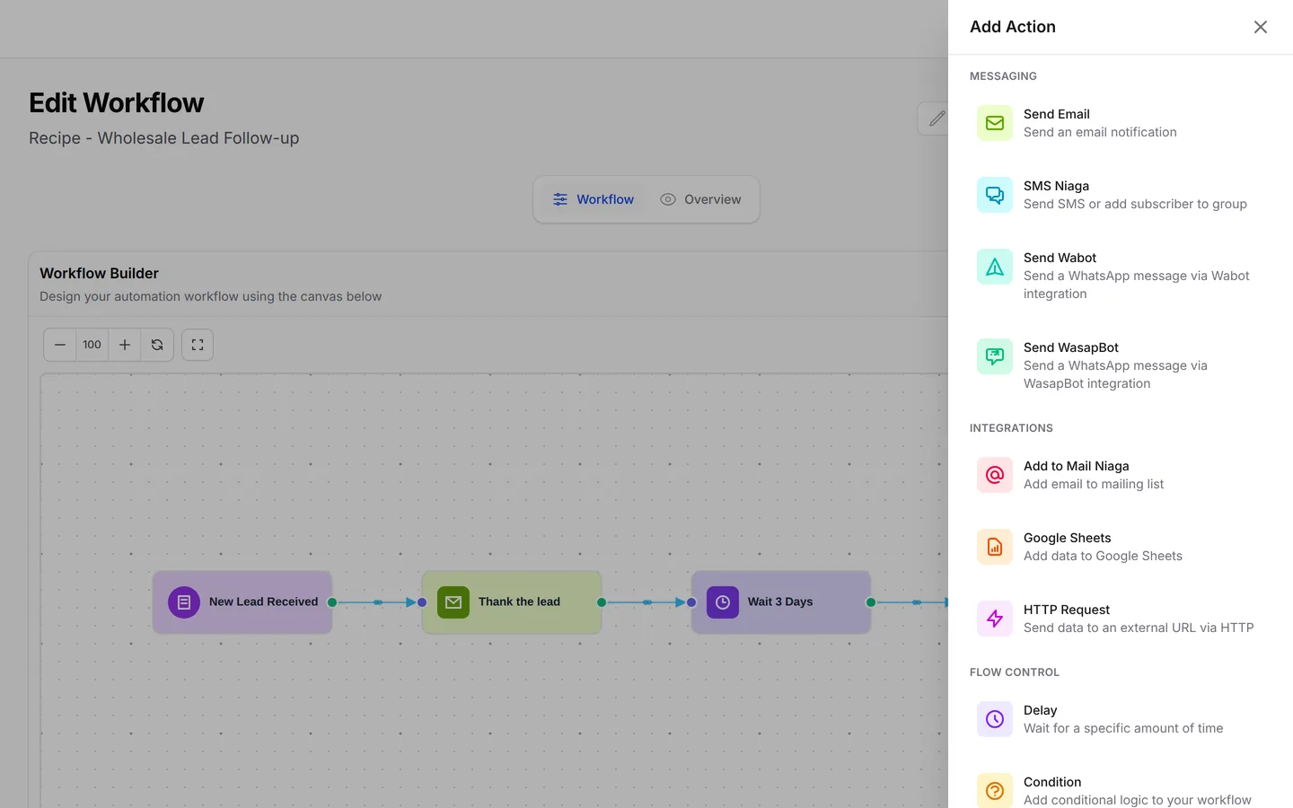 Add Action: Send Email, SMS Niaga, Send Wabot, Send WasapBot, Google Sheets, HTTP Request, Delay and Condition