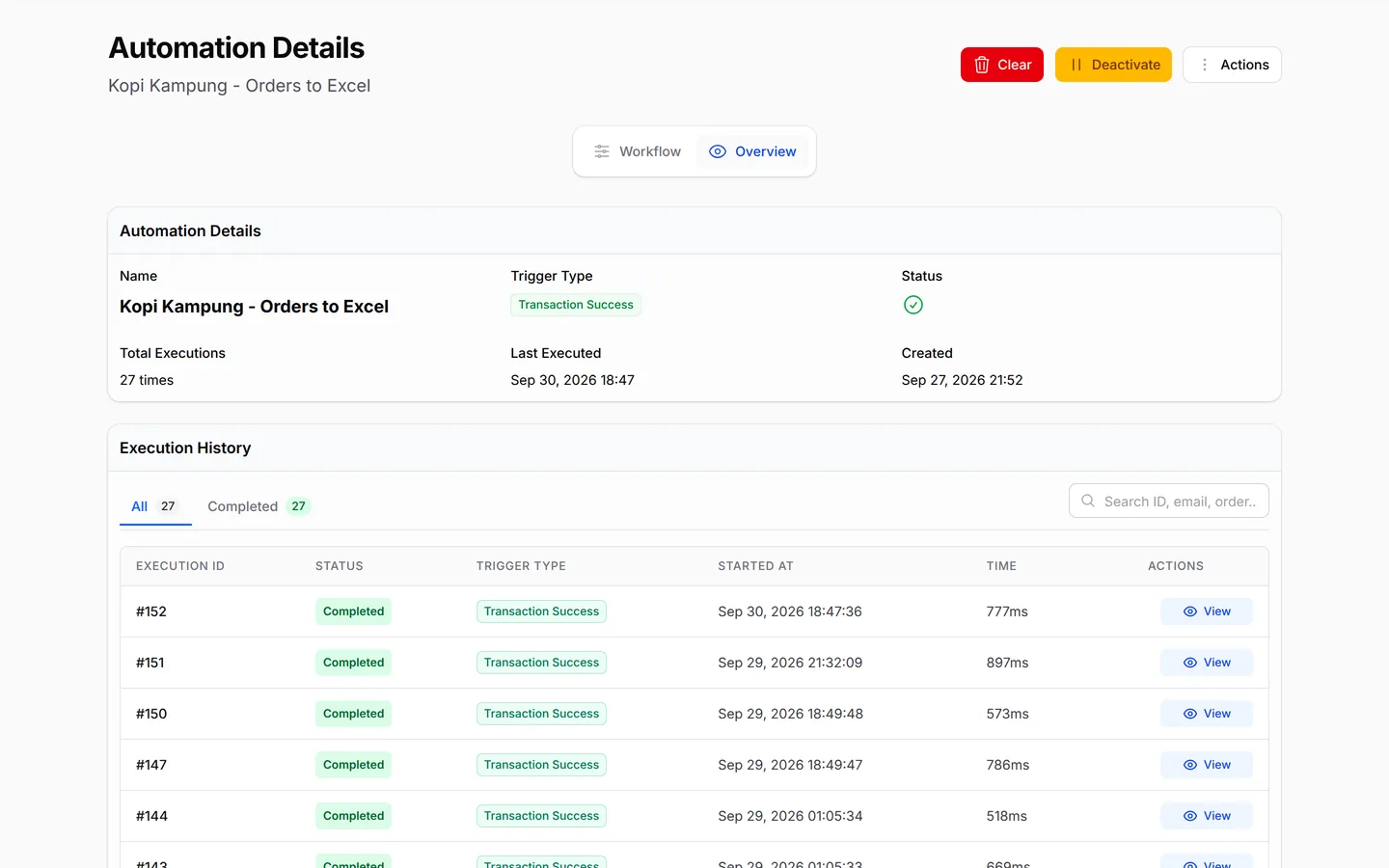 Automation Details: every run in the Execution History, all completed