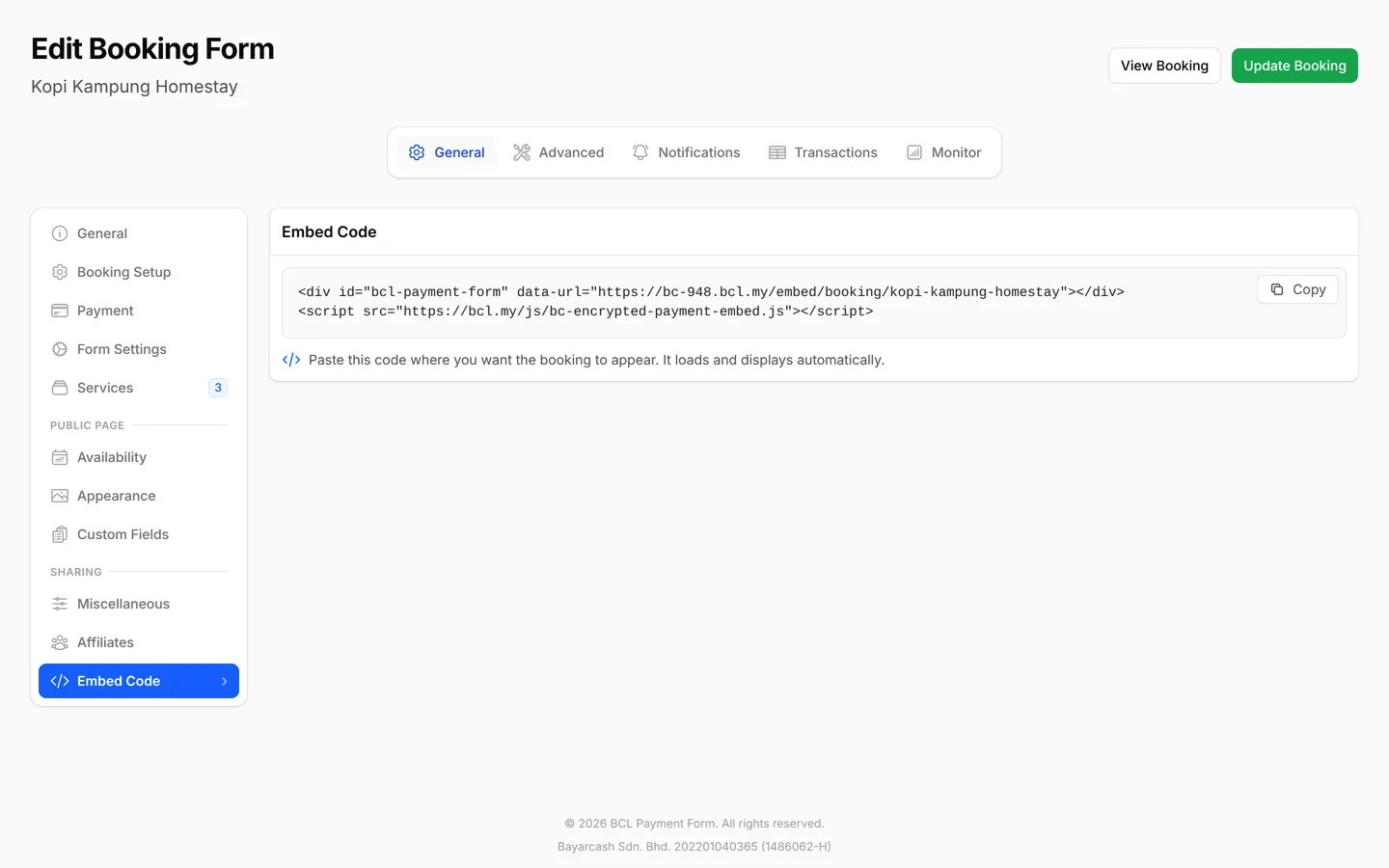 Edit Booking Form: the Embed Code tab with Copy
