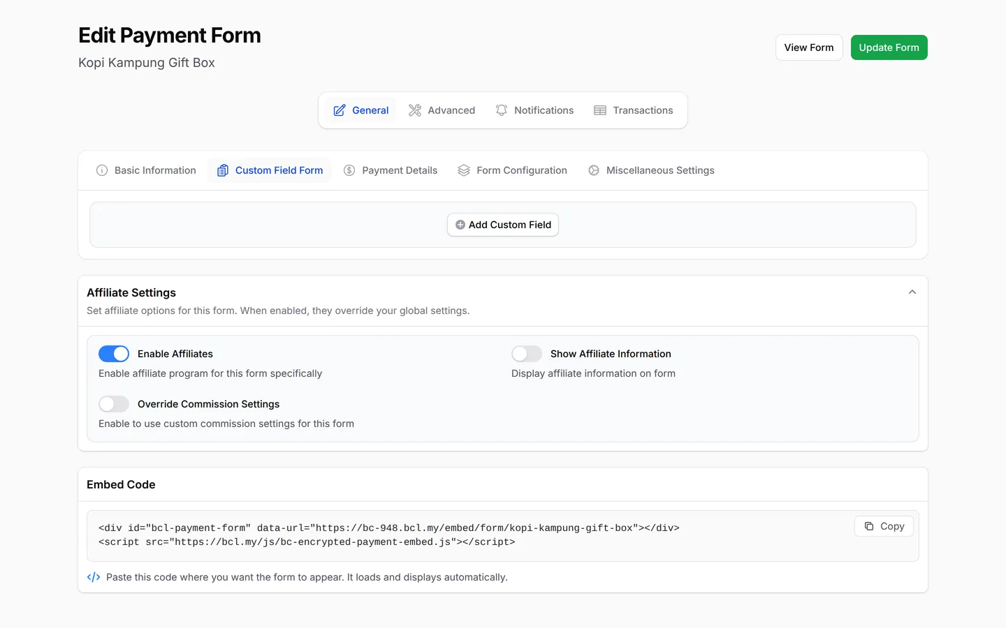 Edit Payment Form: the Embed Code section with Copy