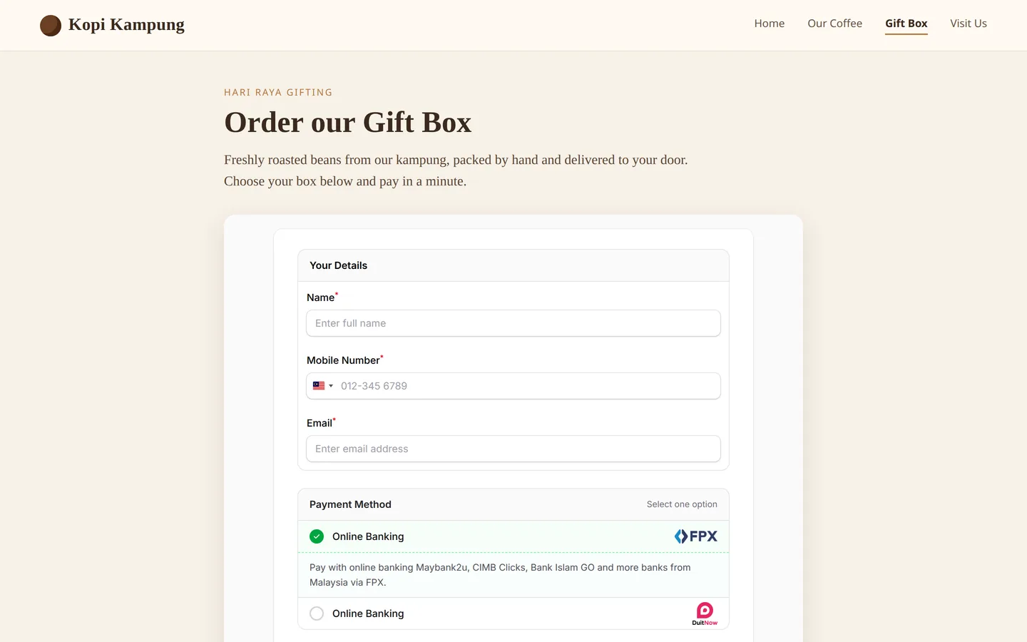 A Kopi Kampung website with a BCL payment form embedded under the heading