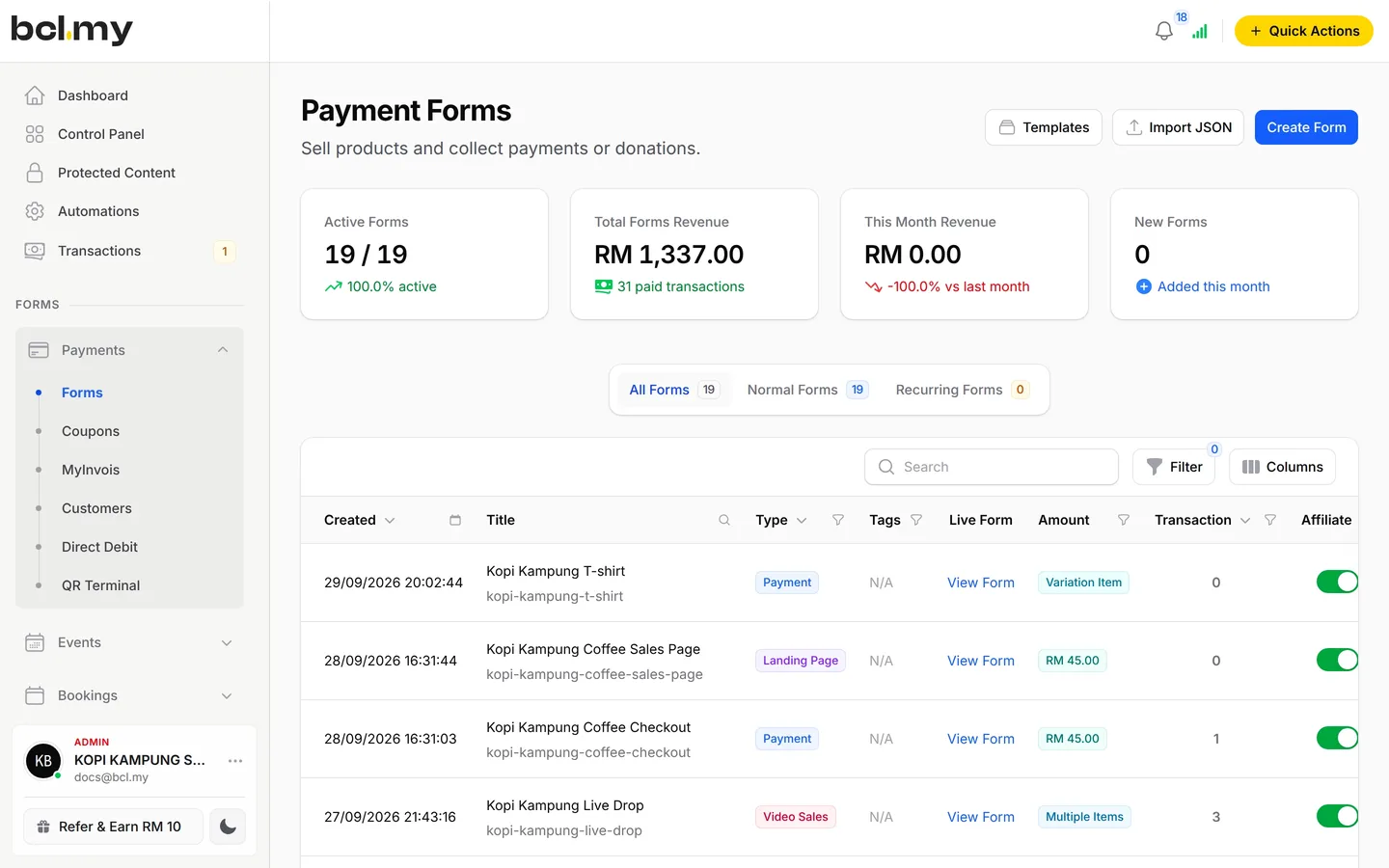 Payment Forms with revenue per form