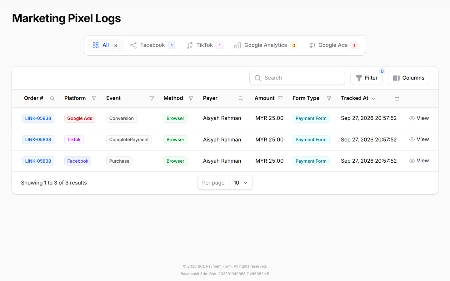 Marketing Pixel Logs: one sale sent to Google Ads, TikTok and Facebook