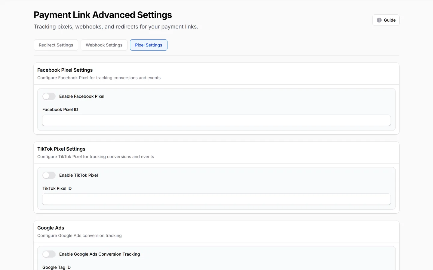 Pixel Settings on a Payment Link: Facebook, TikTok and Google Ads