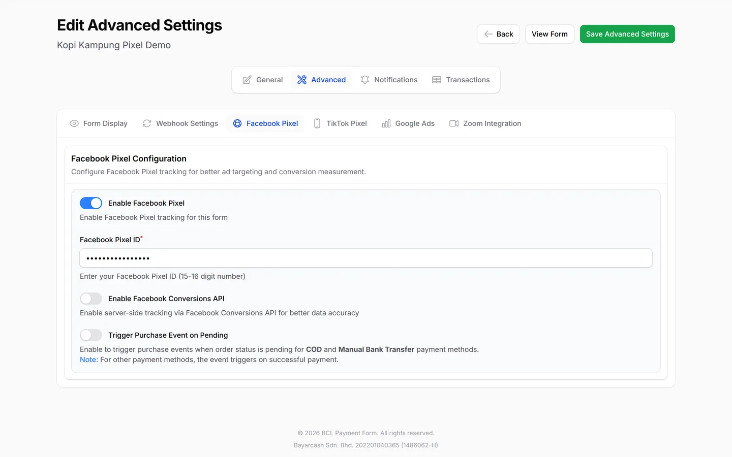 Facebook Pixel on a form, with the Conversions API option