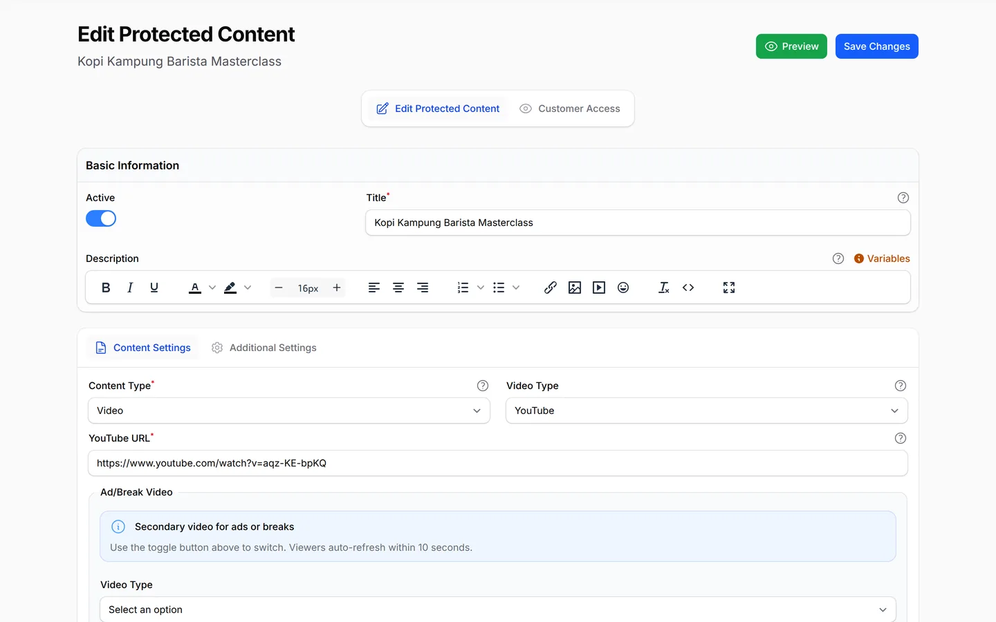 Edit Protected Content: a video course with its content settings