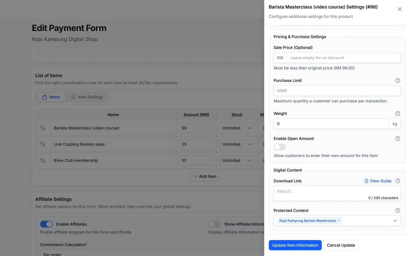 A form item linked to its Protected Content, unlocked after payment