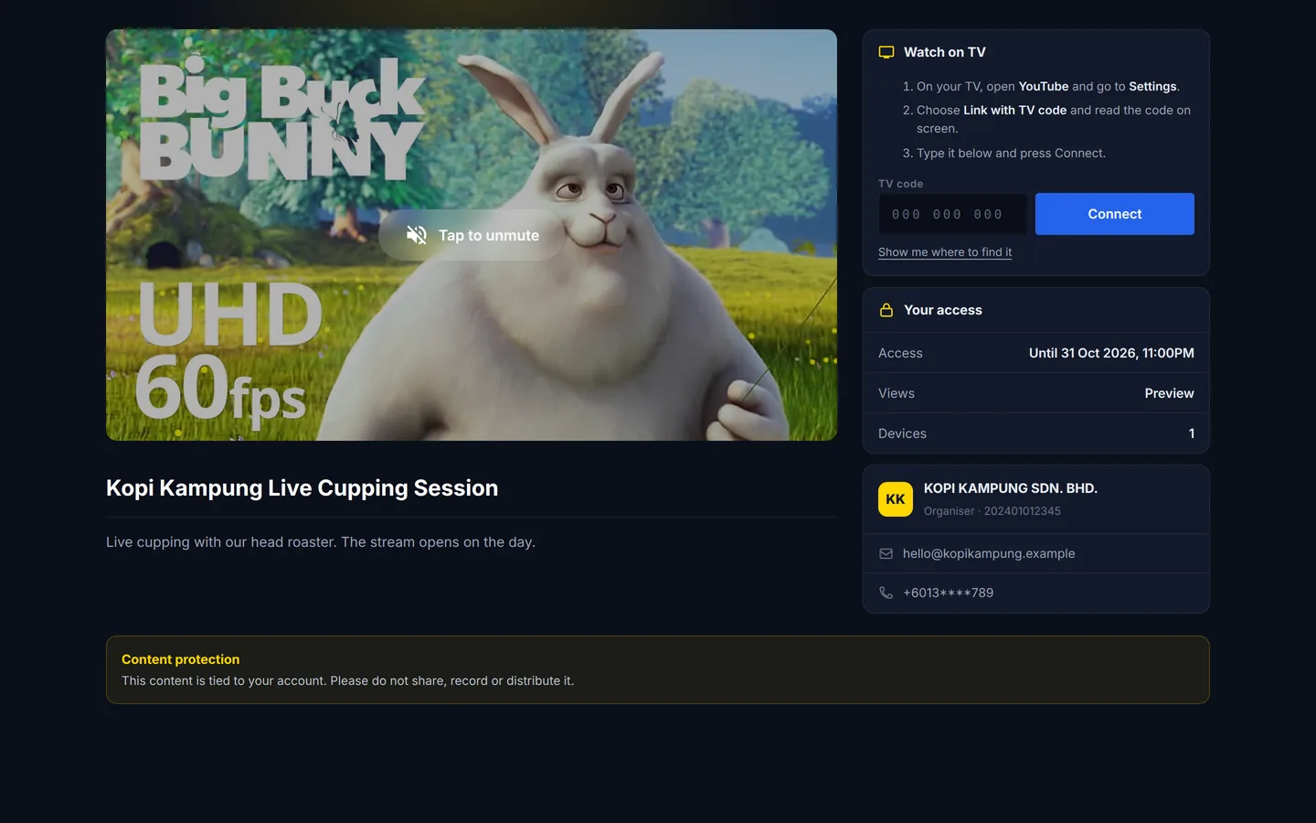 A pay-per-view live stream page with the Broadcast (Dark) theme