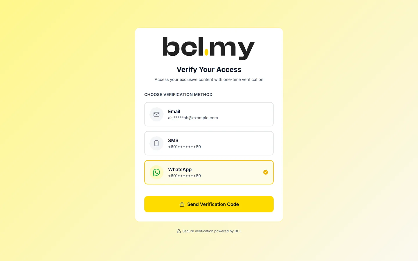 Verify Your Access: the buyer gets a code by Email, SMS or WhatsApp