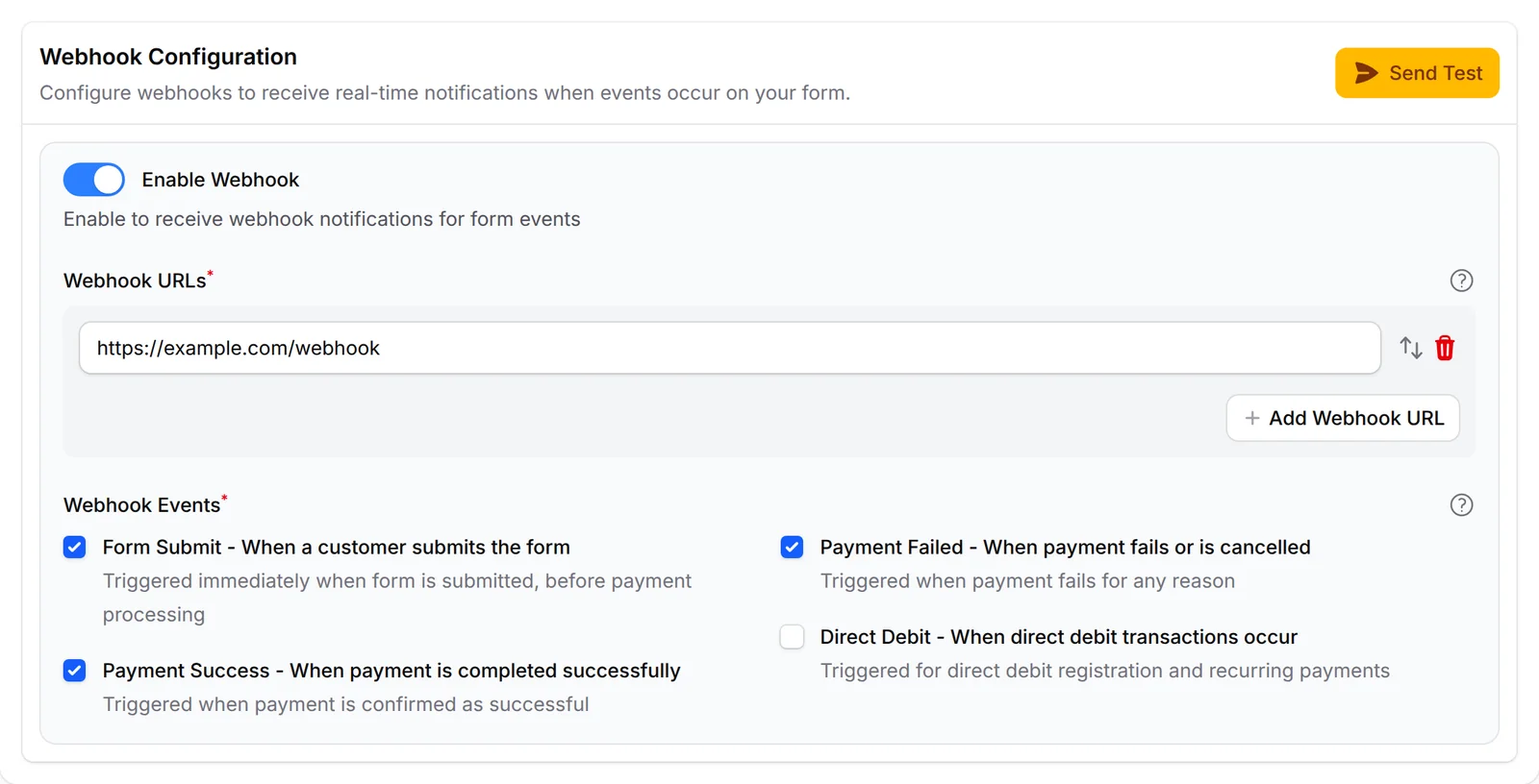 Webhook Configuration: Enable Webhook, a webhook URL and the events to send