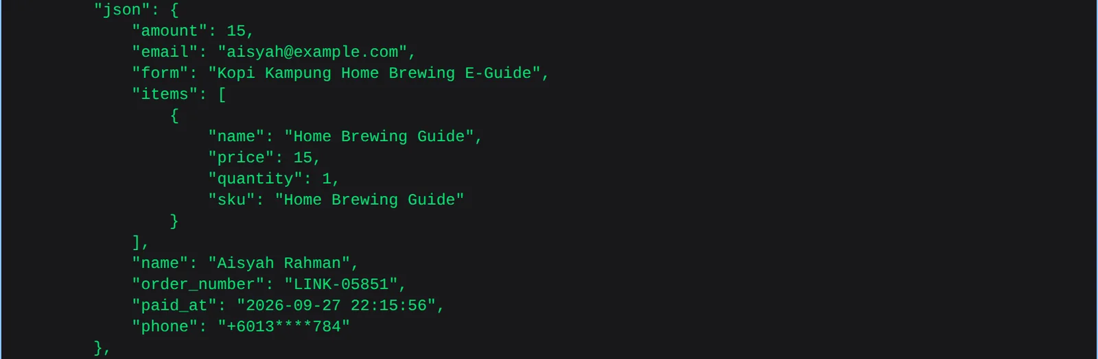 A JSON order with amount, email, form, items, name, order number and paid time