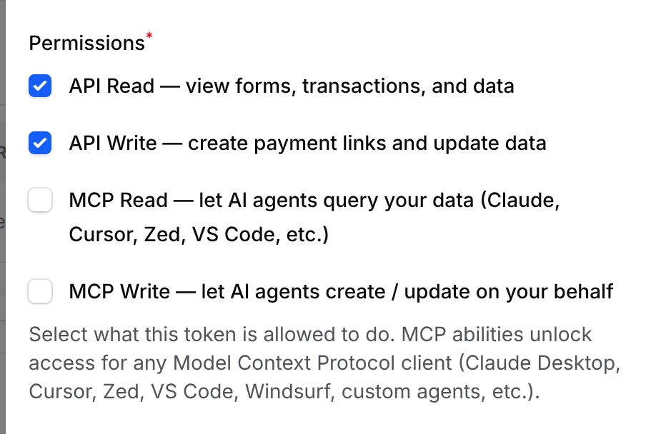 The Permissions list: API Read, API Write, MCP Read and MCP Write
