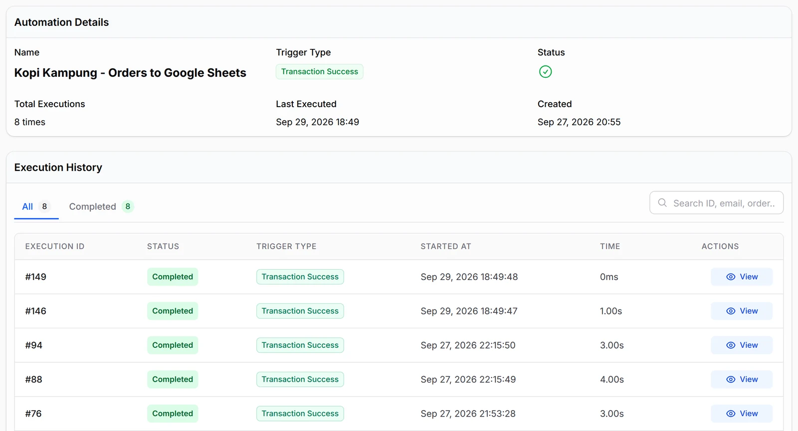Automation Details and Execution History with five completed runs