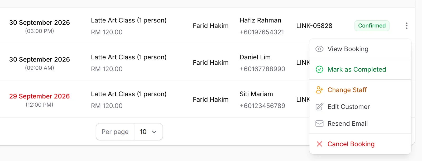 Manage Bookings: the actions menu on a booking with Mark as Completed, Change Staff, Resend Email and Cancel Booking