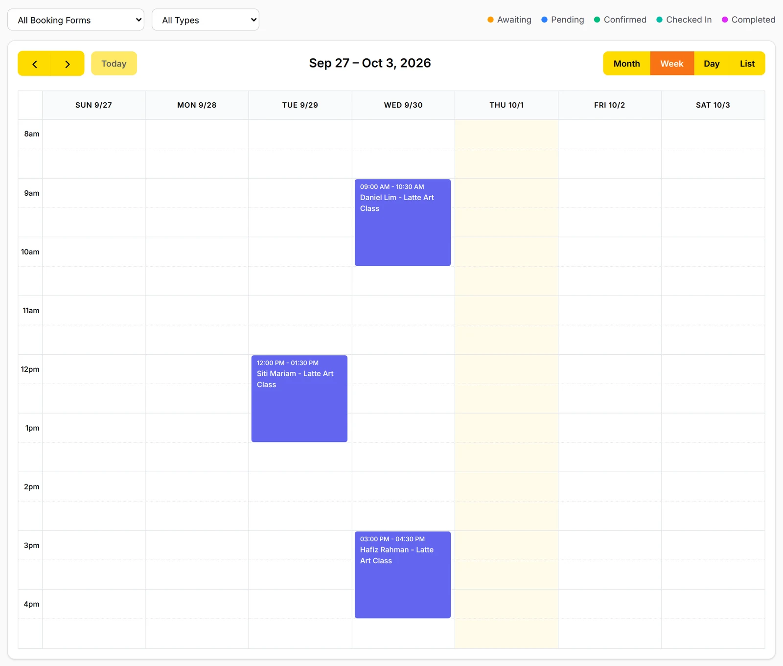 Bookings calendar, week view, with bookings on Tuesday and Wednesday and the status legend