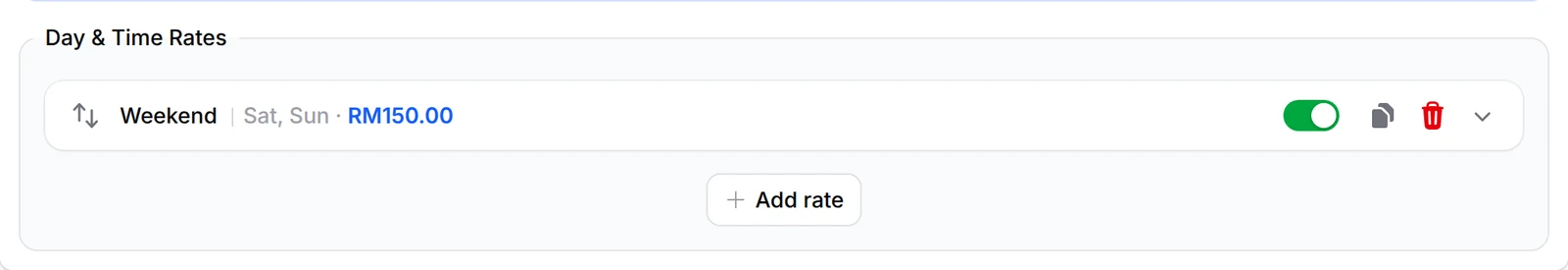 Day & Time Rates with a Weekend rule for Saturday and Sunday and an Add rate button