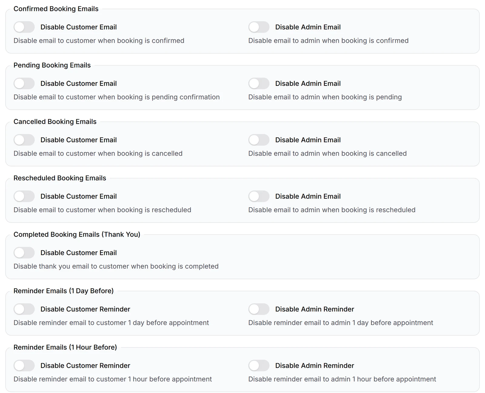 Booking email settings: customer and admin emails for confirmed, pending, cancelled and rescheduled bookings, a thank-you email when completed, and reminders 1 day and 1 hour before
