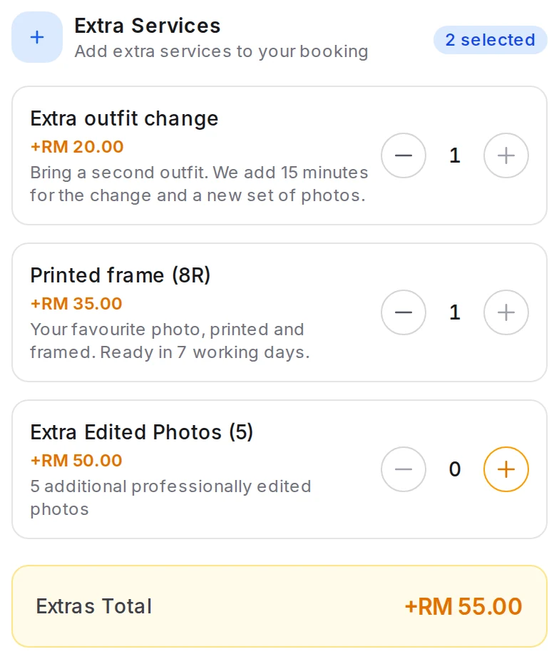 The Extra Services step of a photo session booking: an extra outfit change and a printed frame selected, and the Extras Total