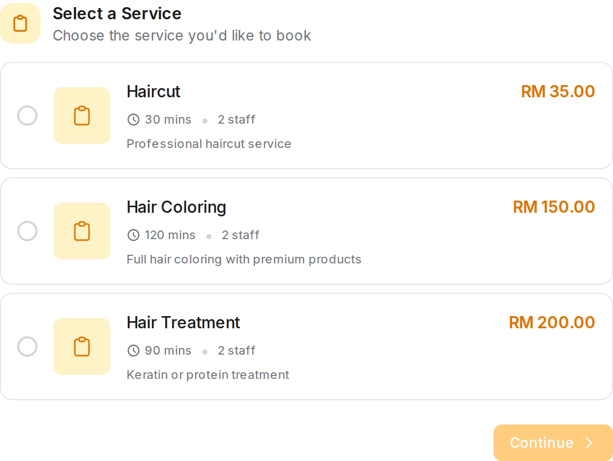 Customer booking form: choose a service, with duration, staff count and price for each