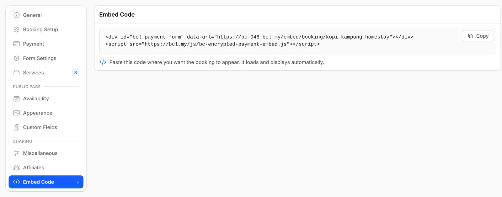 A booking form's tab list with Embed Code open and its Copy button