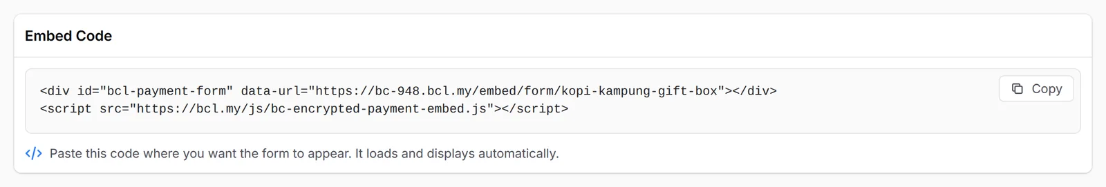 The Embed Code panel of a payment form with the Copy button