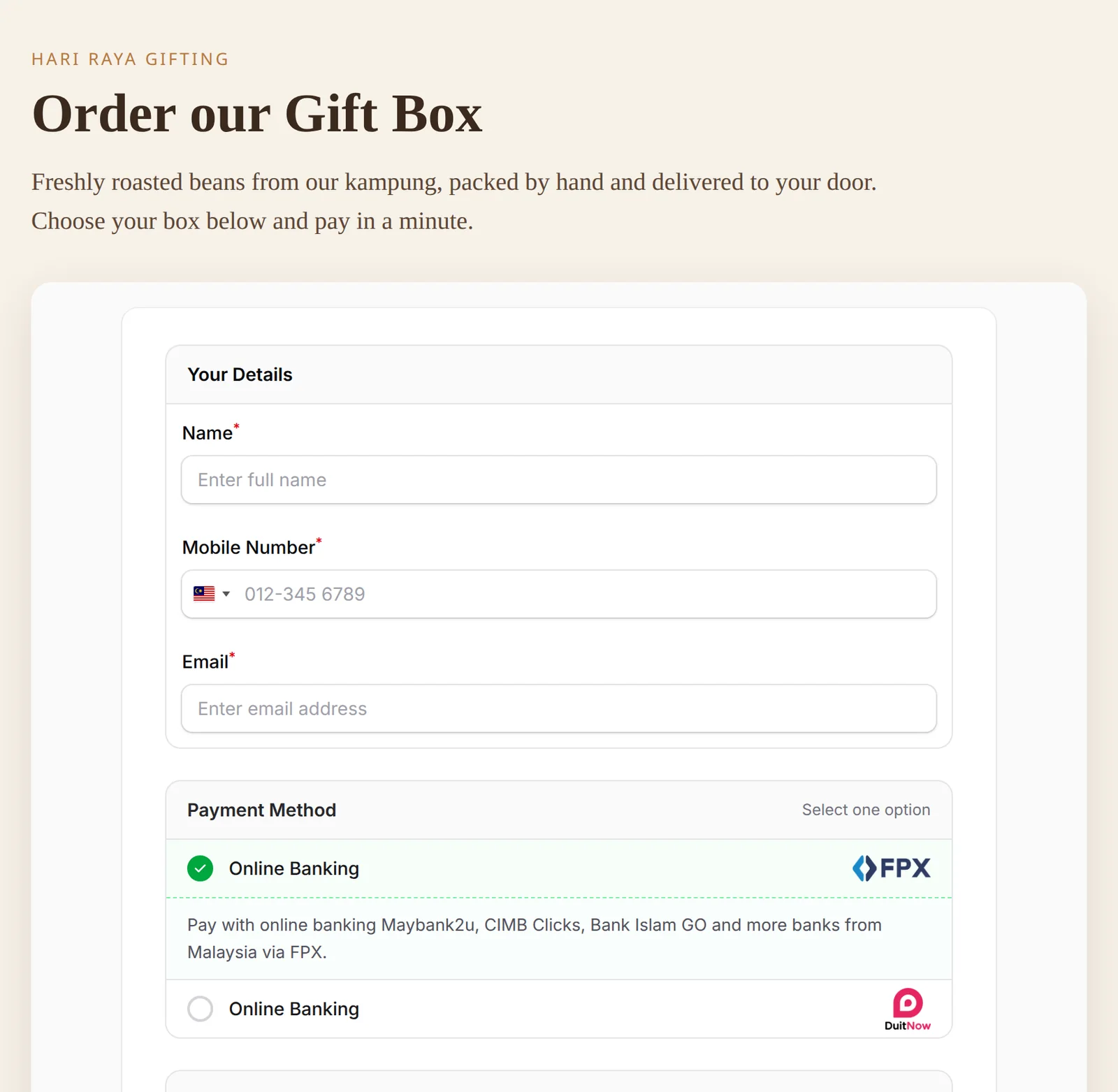 A Kopi Kampung web page with its Gift Box payment form embedded under the heading