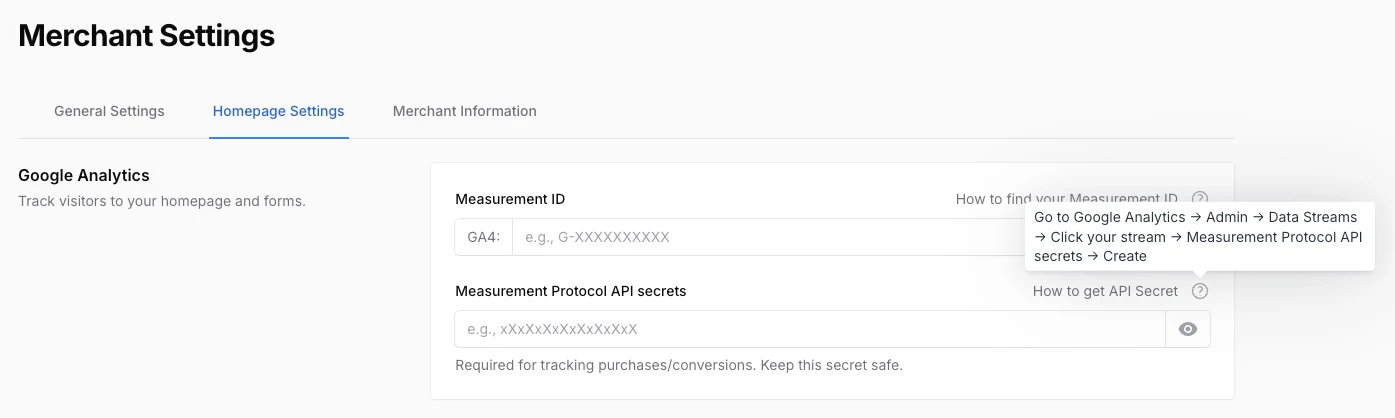 Merchant Settings, Google Analytics: Measurement ID and Measurement Protocol API secrets