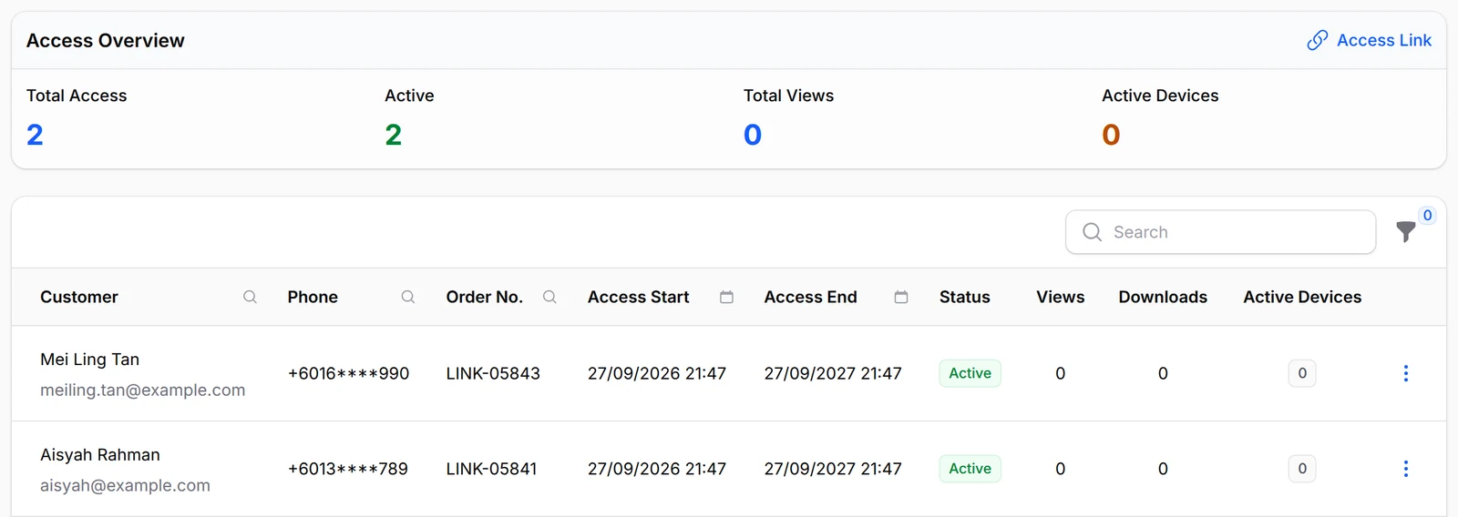Customer Access: access overview and buyers with order number, access dates and views