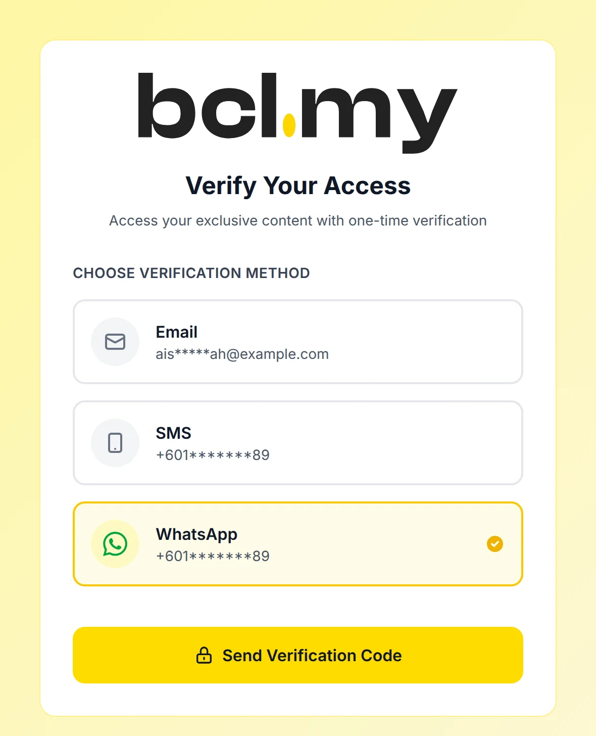 Verify Your Access page: choose Email, SMS or WhatsApp to get a one-time code