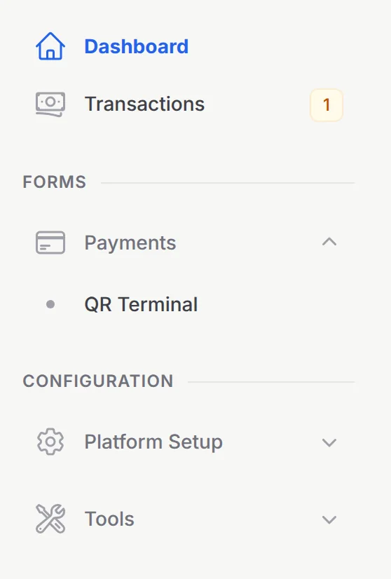 A cashier's menu: Dashboard, Transactions and QR Terminal