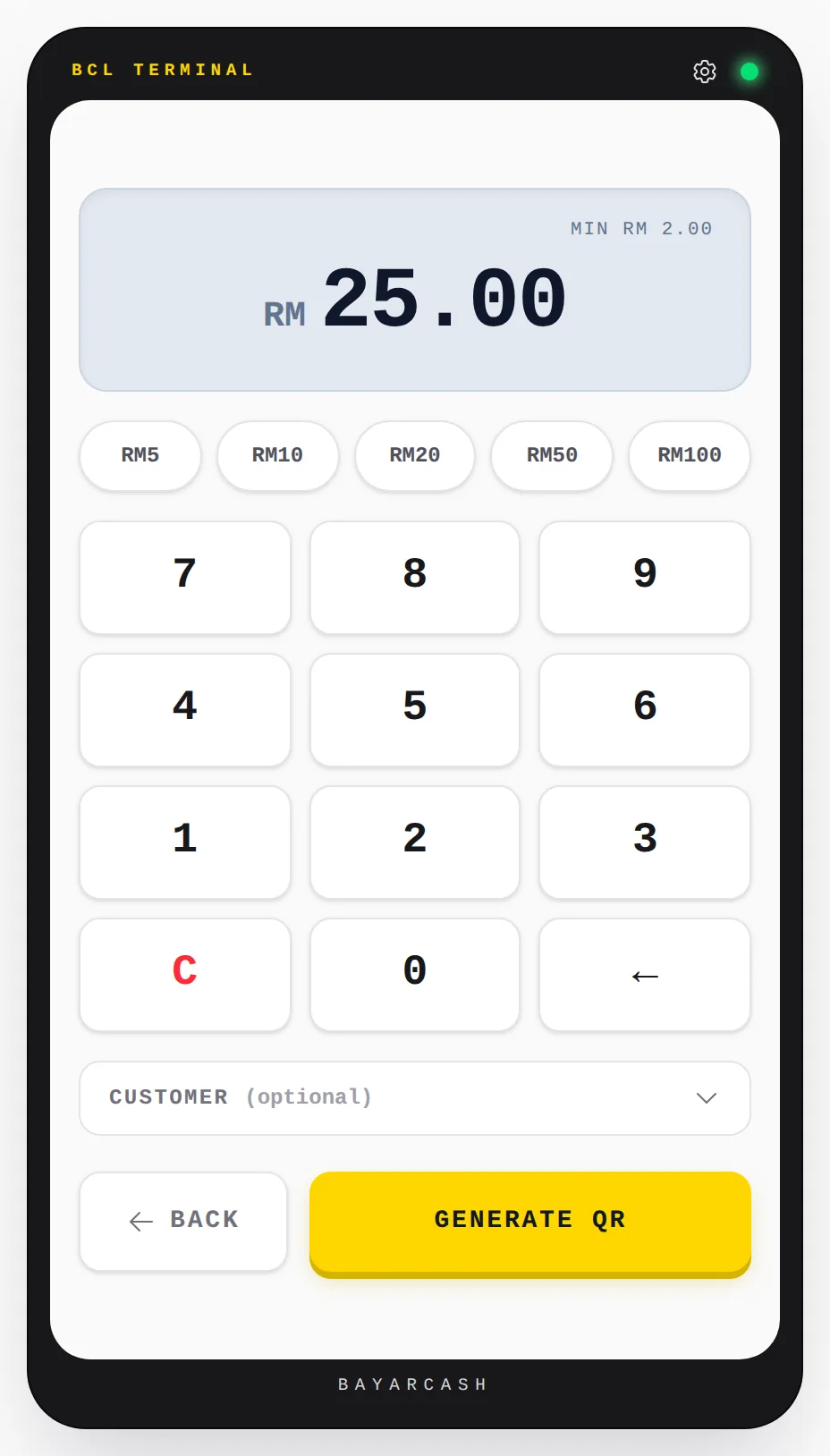 BCL Terminal keypad with quick amounts and Generate QR