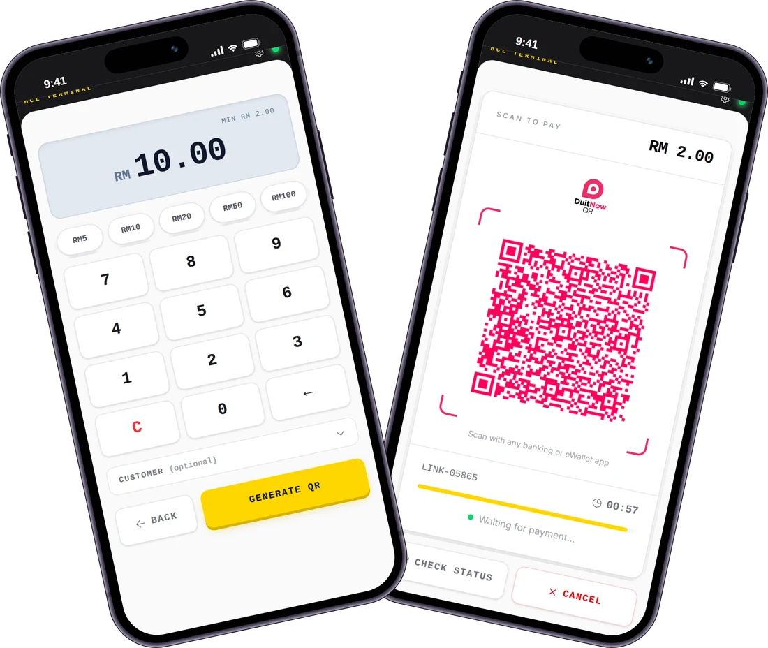 QR Terminal on two phones: the amount keypad with quick amounts, and the DuitNow QR the customer scans, with a countdown