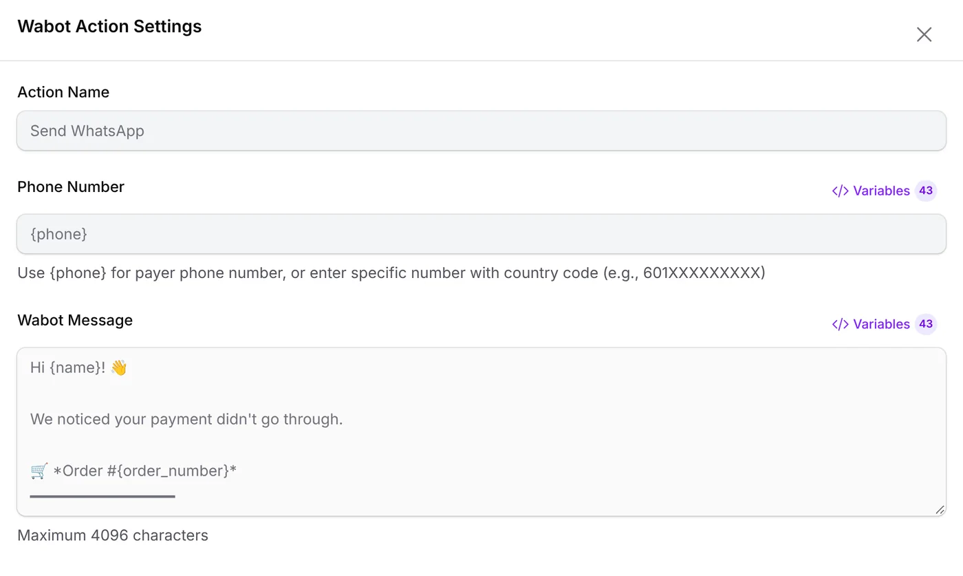 Wabot Action Settings: Action Name, Phone Number {phone} and a sample message for a payment that did not go through