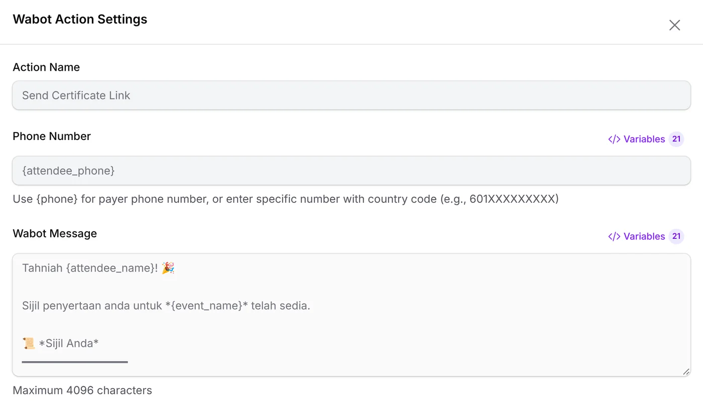 Wabot Action Settings: Send Certificate Link to {attendee_phone}, with a sample Malay message saying the certificate for {event_name} is ready