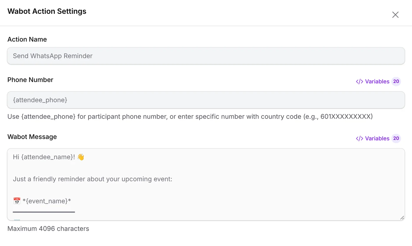 Wabot Action Settings: Send WhatsApp Reminder to {attendee_phone}, with a sample reminder about {event_name}
