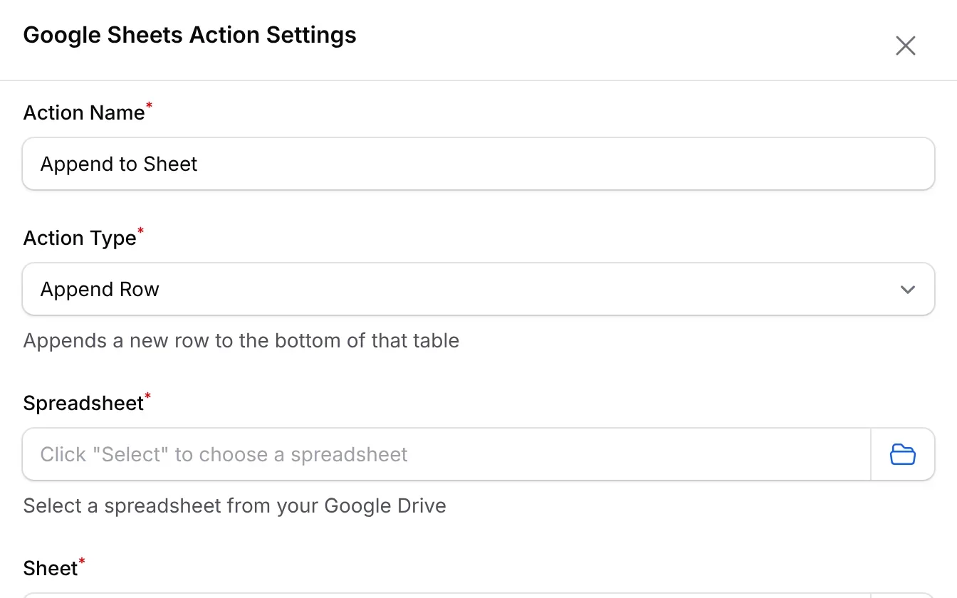 Google Sheets Action Settings: Append to Sheet with Action Type Append Row, and the Spreadsheet and Sheet to choose