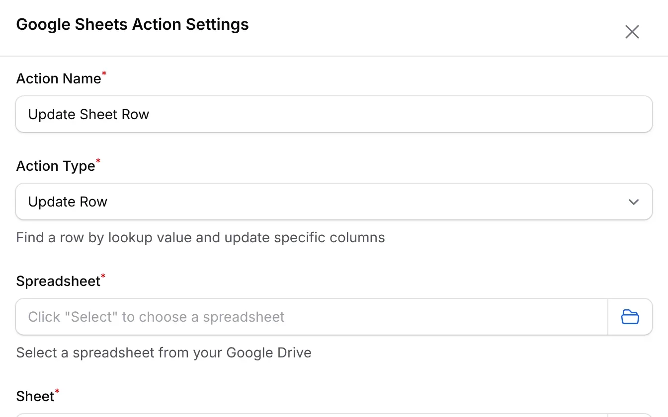 Google Sheets Action Settings: Update Sheet Row with Action Type Update Row, and the Spreadsheet and Sheet to choose