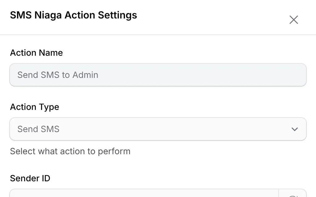 SMS Niaga Action Settings: Send SMS to Admin, with your phone number to fill in and a sample Malay message with {form_title} and {submission_id}