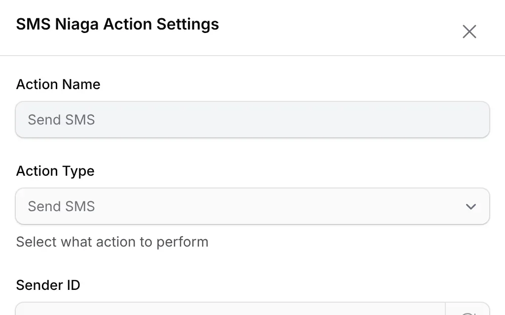 SMS Niaga Action Settings: Action Type Send SMS to {phone}, with a short sample thank-you in Malay of up to 160 characters