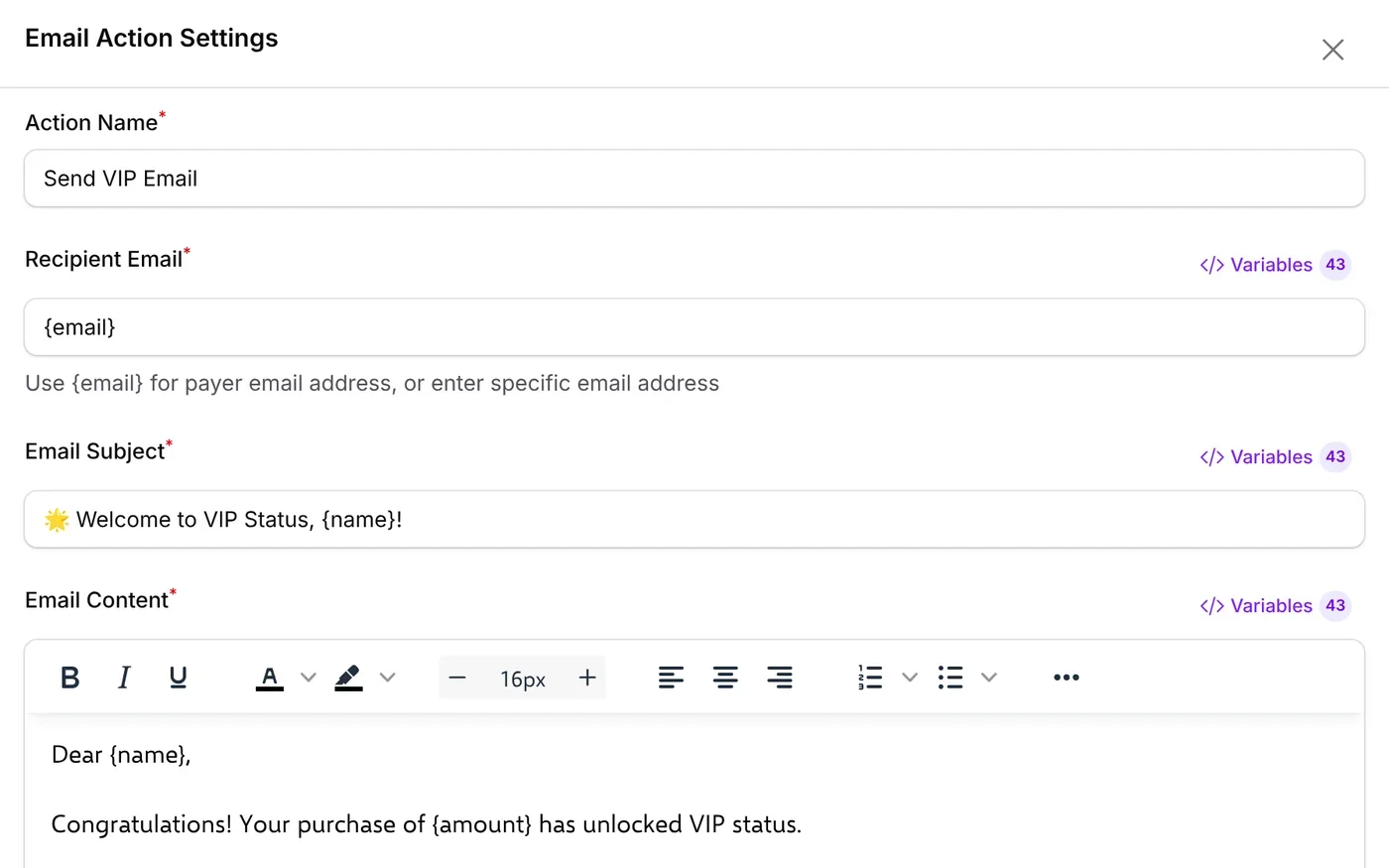 Email Action Settings: Send VIP Email to {email}, subject Welcome to VIP Status, {name}!, with a sample list of VIP benefits