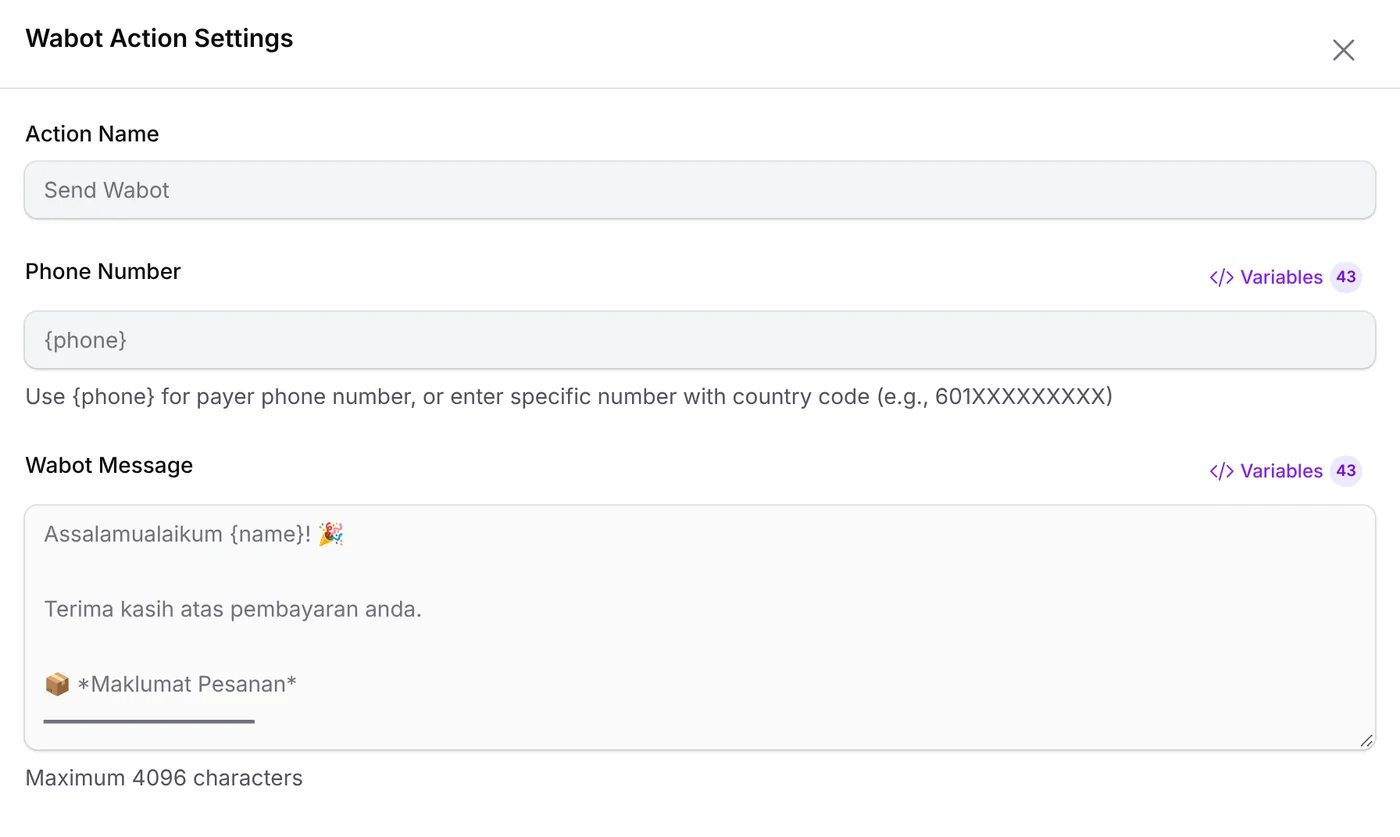 Wabot Action Settings: Send Wabot to Phone Number {phone}, with a sample Malay message thanking the customer for their payment