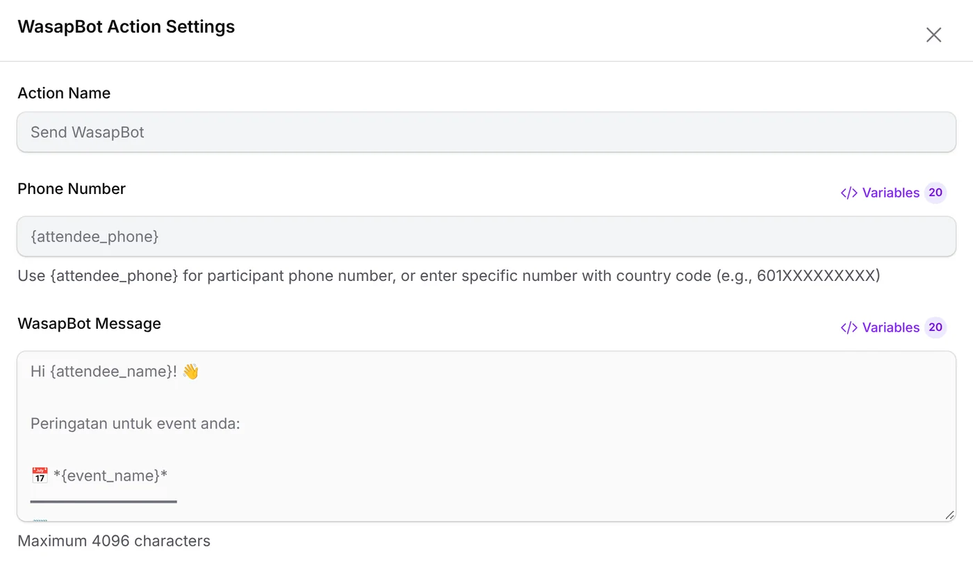 WasapBot Action Settings: Send WasapBot to {attendee_phone}, with a sample Malay reminder about {event_name}