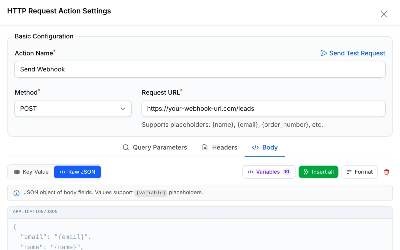 HTTP Request Action Settings: Send Webhook with Method POST, a sample Request URL and a Raw JSON Body with email, name and amount