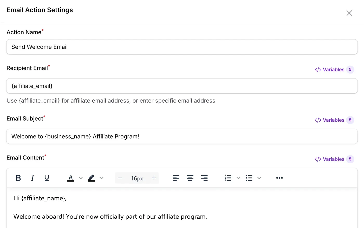 Email Action Settings: Send Welcome Email to {affiliate_email}, subject Welcome to {business_name} Affiliate Program!, with tips to get started