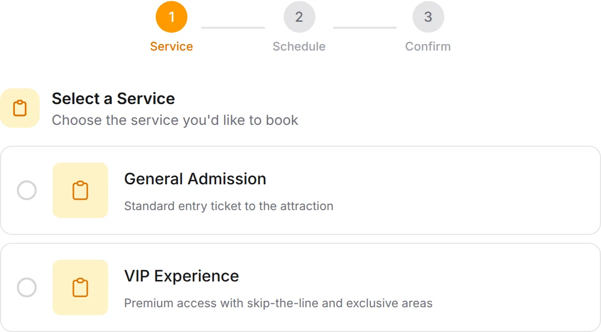 Tour & Attraction booking form: General Admission, VIP Experience
