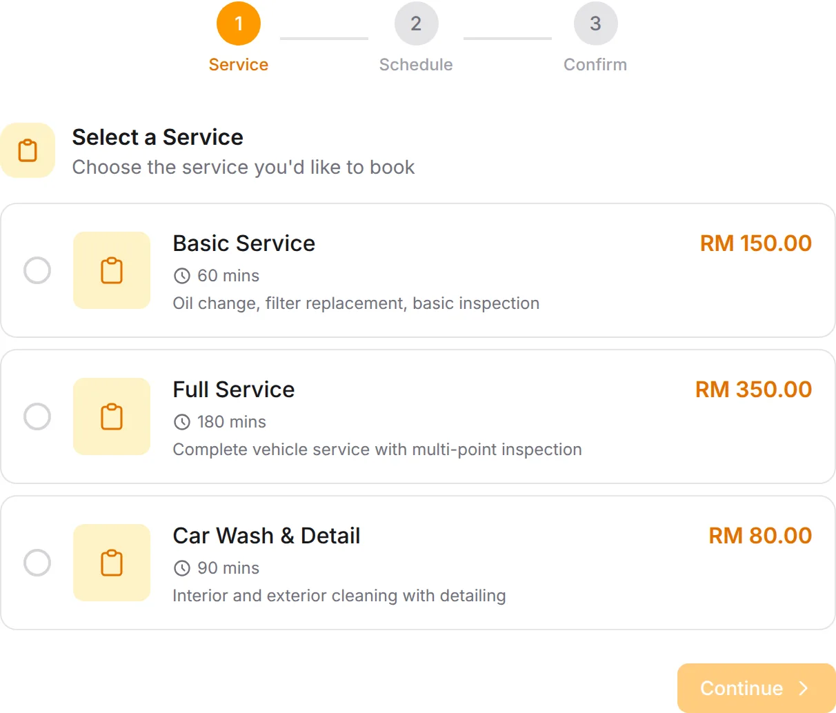 Car Service Center booking form: Basic Service, Full Service, Car Wash & Detail